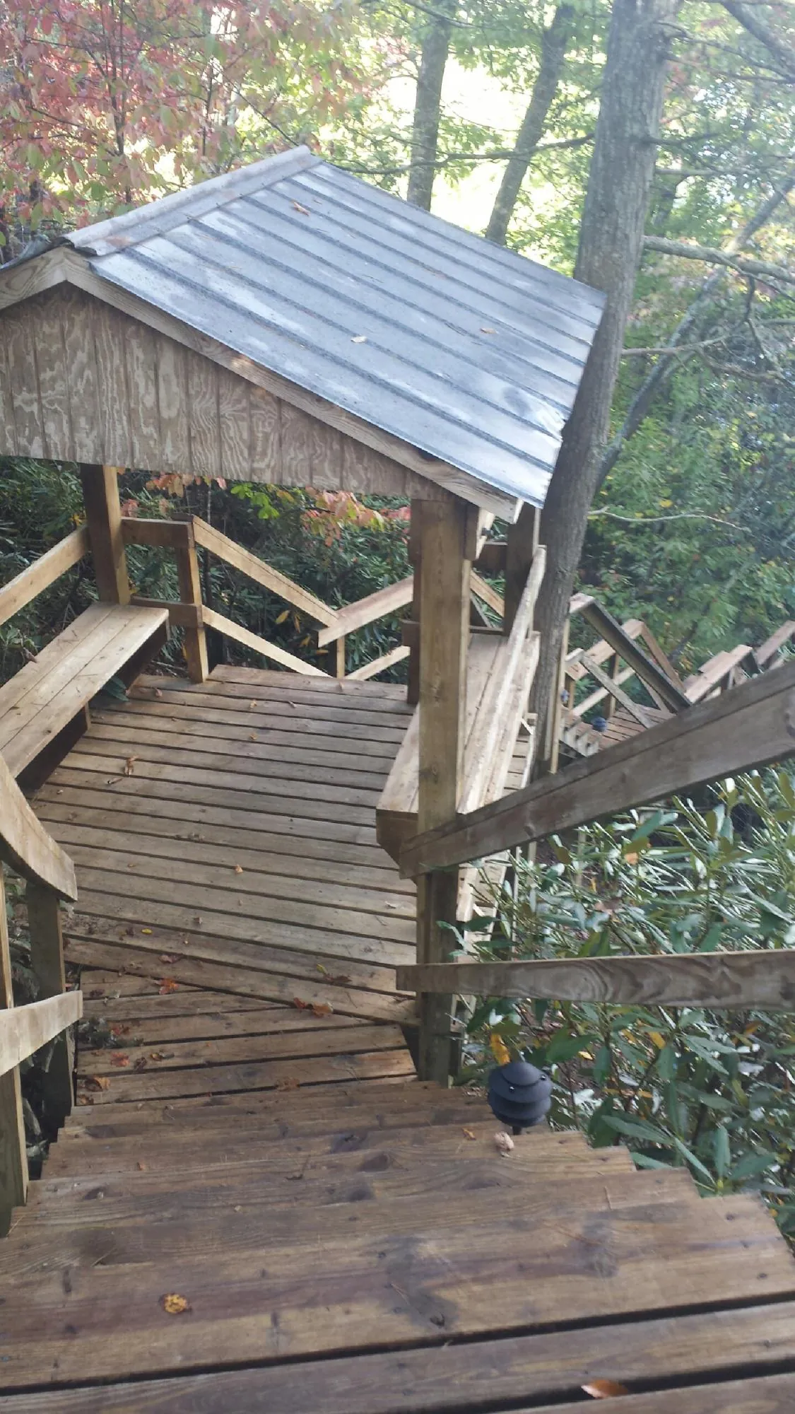Metal roofed shelter over wooden steps on a wooded walkway — Skylight Repair & Installation work by our crew in Canmer